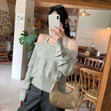 Korean Beautiful Hanging Neck Sling A Word Shoulder Knit Hood Two Sets Of Women's Autumn And Winter New Knitwear Inside The Top