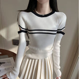 Clamming Striped Gray Hollow Long-Sleeved Sweater Women's Spring And Autumn Design Elastic Inside The Repair Knitted Shirt Top