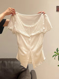 White Wooden Ear Fake Two Bows Short-Sleeved T-Shirt 2026 Summer Lace Folds Repair Body Coat