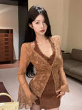 French Pure Lace V-Neck Cardigan Brown Sling Woman 2026 Spring New Thin Temperament High-End Feel Top