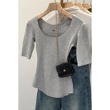 2026 Early Spring Explosion Gray U-Neck Short-Sleeved T-Shirt Women's Commuting Summer New Niche Super Beautiful Thinch Waist