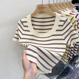 Striped Knitted Short Sleeve Fresh Sweet Simple Design Small Top Lady 2025 Summer New Fashion