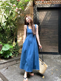 Blue Sleeveless Cowboy Sling Dress Women's Spring And Summer New Square Neck-Upid Thin French Temperament Long Dress