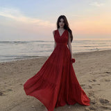 Red-Dewed V-Neck Dress New Thin Thai Sanya Seaside Beach Dress Atmosphere