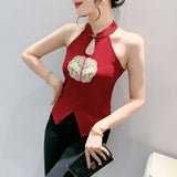 National Wind Embroidery Hanging Neck Vest Lady Sleeveless Summer Wearing Small Shoulder Slings New Chinese Style Fat MM Top