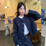 Hidden Blue Short Fragrant Coat Women 2025 Autumn And Winter Single Row Retro New High-End Loose Long-Sleeved Top