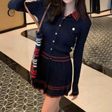 2025 Autumn And Winter New Japan And South Korea Embroidery College Wind Polo Lead Long Sleeve Knitted 100-Fold Skirt Two Sets Of Early Autumn
