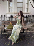 Monet Garden Wind Green Sling Dress Female Summer Temperament Lotus Leaf Side Holiday Dress Seaside Beach Dress