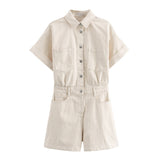 2025 Summer New Women's Wear Collar Short Sleeve Pocket Dress Denim Short Jumpsuit 4979036