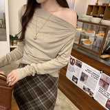 2026 Early Spring Slanted Shoulder Hottie With Long Sleeves And Bottom Shirts In Autumn And Winter Shoulder High-Level Temperament T-Shirt