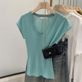 2026 Early Spring Direct Sale Lazy And Relaxed Feeling U Collar Knitted Shirt Women Set Up A Fashionable Short-Sleeved T-Shirt Summer