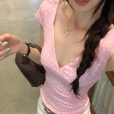 Spice Girl Style Deep V-Neck Small Flying Sleeve T-Shirt Girl 2026 New Unique Early Summer Small Top