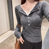 Temperament Fake Two Lace Lace V-Neck T-Shirt Girl Spring And Autumn 2026 New Pure Desire To Put On The Bottom Shirt Top