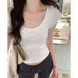 Low-Round Collar Solid Color Short-Sleeved T-Shirt Women 2025 Early Spring New U-Neck Bamboo Festival Cotton Slimming Top