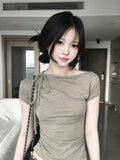 Vintage Retro Strap Slanted Shoulder Short-Sleeved T-Shirt For Summer 2026 New Slimming Hottie Small Top