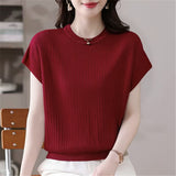2026 Round Collar Summer New Large Size Women's Loose Knitted Shirt Short-Sleeved Fat Mm Thin Top