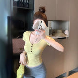 Yellow V-Neck Short-Sleeved Shoulder T-Shirt Girl Summer Waist Tight Small Pure Lust Style Repair Short-Sized Top