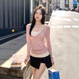 Korean Sweet Lace Broken Flower Fake Two Long-Sleeved T-Shirt Women Early In The Spring To Put On A Shirt Slim Thin Top