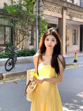 Summer French Temperament To Collect Waist Thin A Dress Seaside Dress Gentle Wind Yellow Hanging Dress Woman