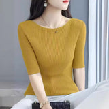High-Grade Black Shoulder Round-Neck Short-Sleeved Knitted Shirt Women's New 2026 Summer Shoulder Ice Refresher Bottom Top