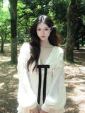 French High-End Feeling Bow V-Neck Lantern Long-Sleeved Dress Women's Summer Retro Waist Showing Thin Short Skirt