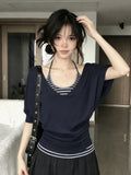 Korean Niche Middle-Sleeved T-Shirt Women Wear Hanging Neck Striped Vest In Summer Slim Top Two Sets