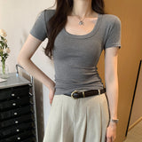 Korean Shoulder-To-Shoulder U-Necked With A Bottom Shirt Short-Sleeved T-Shirt For Women's Summer 2025 European Explosive Design Top