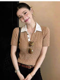 French Polo Collar Cassette Knitted Short-Sleeved T-Shirt Women 2026 Spring Leisure Temperament Shoulder Small Top