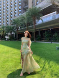 French Green Mesh Sling Dress Women's Summer Seaside Holiday Temperament To Repair Height And Waist-Coat Long Skirt