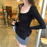 2026 Early Spring Hottie Low-Collar Horn Sleeve T-Shirt For Girls' New Mid- And Long-Term Bottoming Shirts In The Spring And Autumn Season