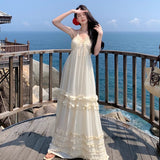 Beach Temperament Dress Sling Holiday Dress Beige Sexy Showy Fairy Summer Mop Atmosphere