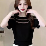 2026 Summer New Design Round Neck Net Yarn Splicing Short-Sleeved T-Shirt Women's Large Size Loose Thin Blouse