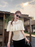 White Light And Breathable French Short-Sleeved Shirt Women's Summer Niche Design Lotus Leaf Side Shirt Temperament Top