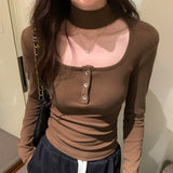 Sweet And Spicy Short-Sleeved T-Shirt Girl Autumn And Winter Repair Hob Hanging Neck Pure Want Plus Velvet Knitting Shirt Bottom Inside The Top
