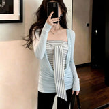 Korean Hottie Style Striped Bra Long Sleeve T-Shirt T-Shirt Girl Spring Huge Slim Slim Thin Two-Set Top