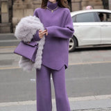 Purple High-Collar Knitted Casual Sports Suit Women's Autumn And Winter New Thick Loose Sweater Broad Leg Pants Two Sets Of Tide