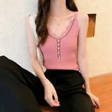2026 Spice Girl Lace Lace Sling Vest Women Inside And Outside Wearing Repair Pearl Buttons Knitted Sleeveless Top