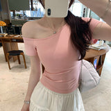 Bring Your Own Breast Pads With A Slanted Shoulder White Short-Sleeved T-Shirt For Summer 2025 New Niche Unique Beauty Short Top