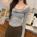 Real Shooting Picture Fake Two Slings A Word Shoulder Folded Shoulder Long-Sleeved T-Shirt Early Autumn New Korean Short Top