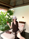 Vintage Babes Brown Hanging Neck V-Neck Vest Woman Summer Design Sense Bottom Slimming Strap Coat Wear