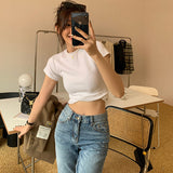 White T-Shirt Women Shoulder Short Sleeves Of European Goods 2025 New Thin Round Collar Cotton Stacked Bottom Top