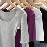 2026 Early Spring Explosion Gray U-Neck Short-Sleeved T-Shirt Women's Commuting Summer New Niche Super Beautiful Thinch Waist