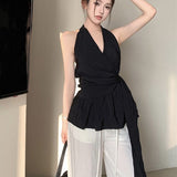 2026 Summer New French Chic V-Neck Hanging Neck Sleeveless Vest Senior Sense Waist Thin-Skinny Back Coated Woman