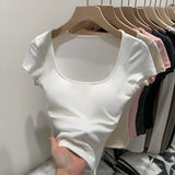 2026 Early Spring Temperament Explosion With Breast Pad Hottie Collar Shoulder Short-Sleeved T-Shirt New Summer