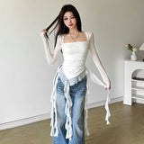2025 New Lotus Edge Splicing Ribbon Mesh Yarn Long-Sleeved T-Shirt Folding Irregular Top
