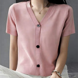 2026 Summer New Temperament Short-Sleeved Knitted Cardigan V-Neck Thin Bottom Thin Top Woman