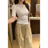 Don't Hit The Pink Round Collar Straight Shoulder T-Shirt For Women's Summer Commute New Slim Slimmed-Sleeved Top