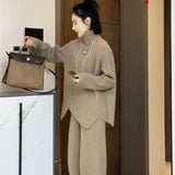Purple High-Collar Knitted Casual Sports Suit Women's Autumn And Winter New Thick Loose Sweater Broad Leg Pants Two Sets Of Tide
