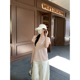 2026 Summer Korean Version Of Relaxed V-Neck Solid Color Foundation Straight Shoulder Short-Sleeved T-Shirt Top Woman