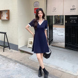 2026 New Large-Size Blue V-Neck French Waist Polo Dress Women's Summer Dress Fat Mm Thin